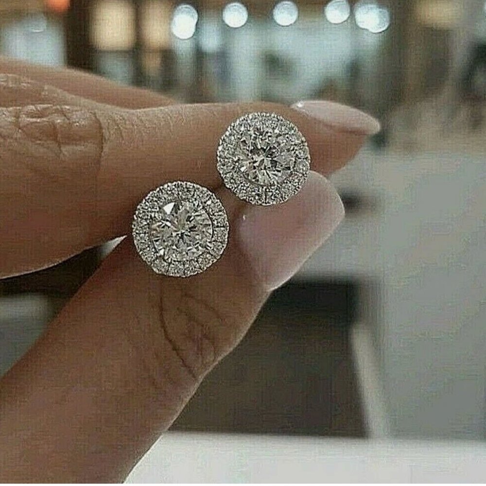 4 Ct Halo Round Cut VVS/D  Stud Earrings 14K White Gold Push Back 8mm In Box